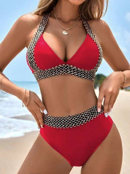 Dam Bikini Set – Hög Midja – Virkad Detalj – Halterneck – Figurnära Passform