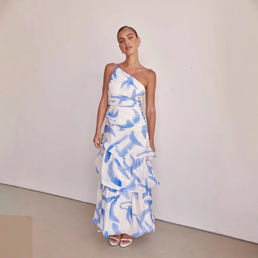 Damklänning maxi – A-linje – One shoulder – Rynkat liv – Volanger – Mönstrad