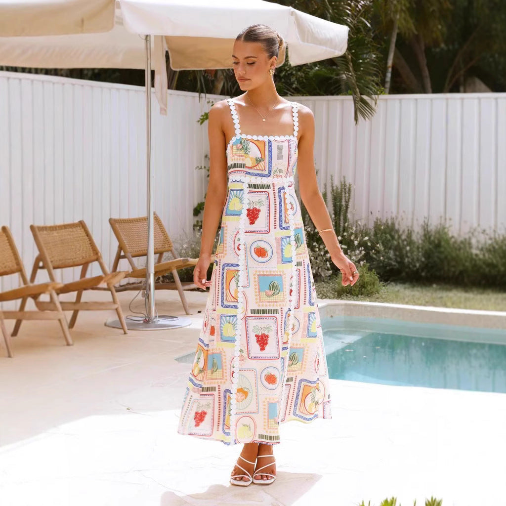 Damklänning maxi – Linneblandning – Geometriskt mönster – Spetsdetalj – Ärmfri avslappnad passform