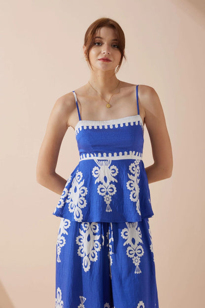 Damset med ärmlös topp och kjol – Peplummodell – Etniskt mönster – Bomull