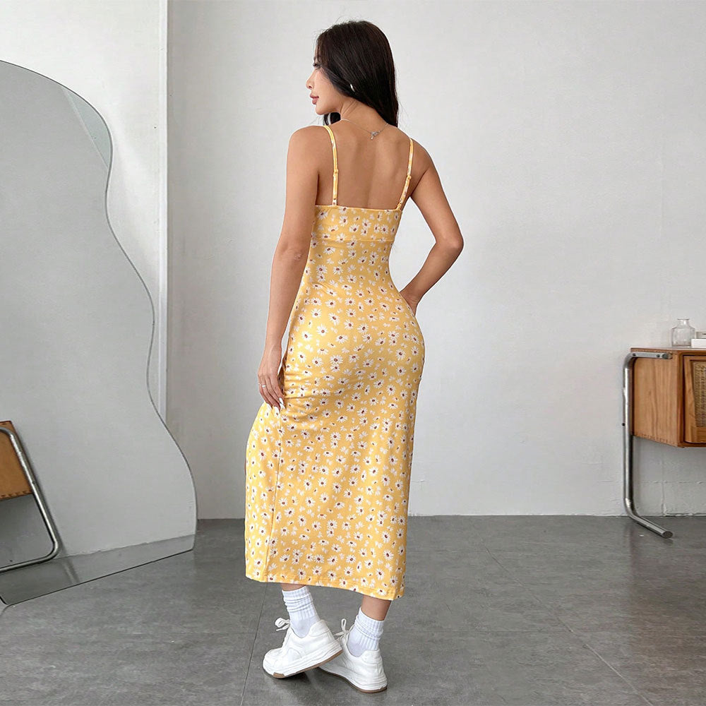 Damklänning midi – Smal passform – Spagettiband – Sidoslits – Blommigt mönster – Bomullsblandning
