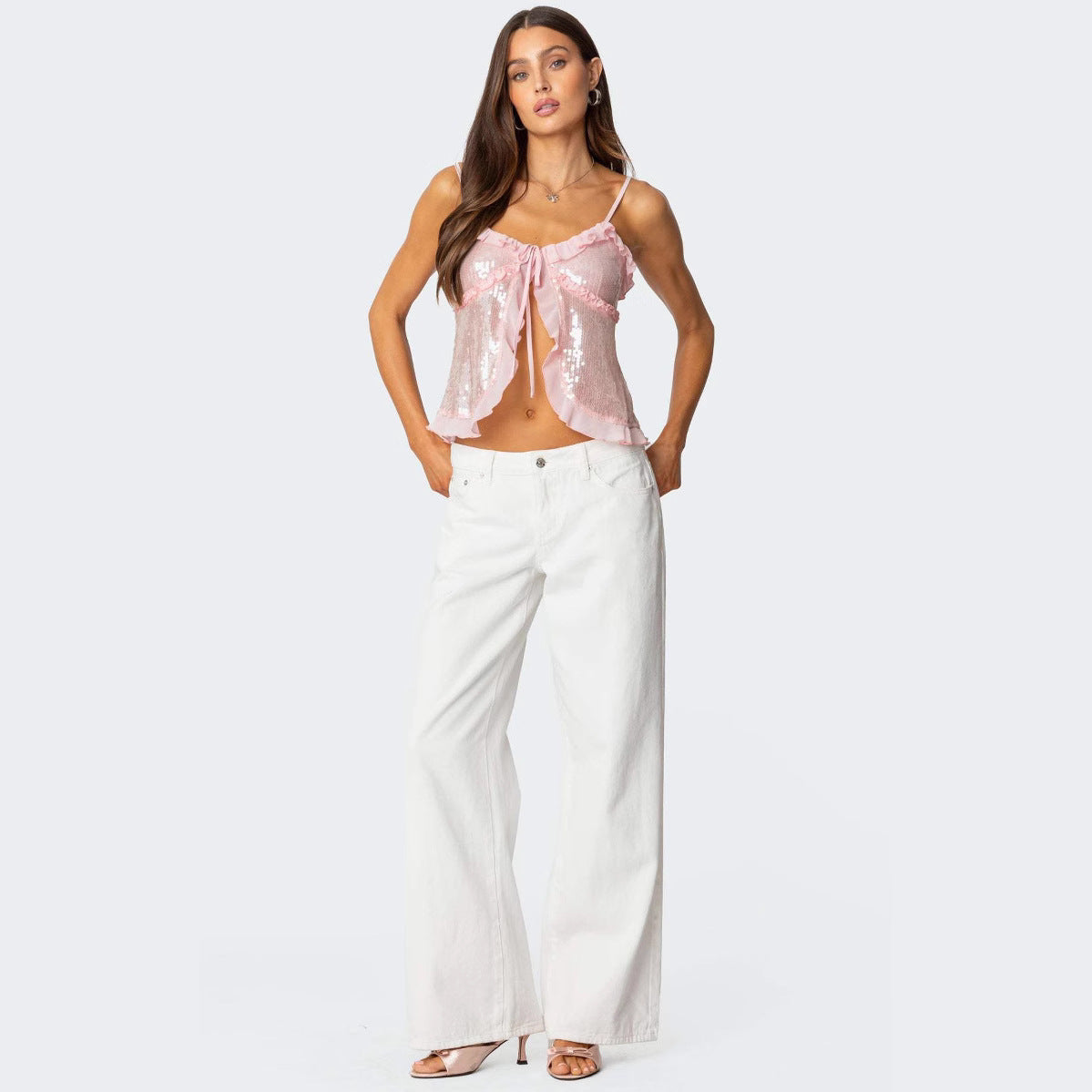 Dam Crop Top – Paljettprydd – Figurnära Passform – Halterneck – Volangdetaljer