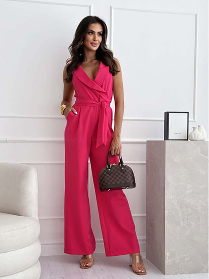 Dam Jumpsuit - Ärmlös V-ringning - Omlottliv med Knytband - Vida Ben - Elegant Passform