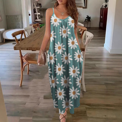 Damklänning maxi – avslappnad passform – tunna axelband – blommigt mönster – andningsbar mix