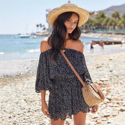 Damklänning off shoulder – Rynkad midja – Volangärm – Ledig passform – Kort modell