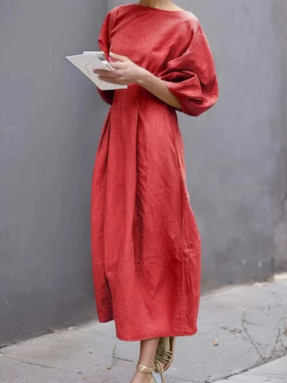 Damklänning – Lös Passform – Puffärm – Rund Hals – Lätt och Bekväm Vardagsstil