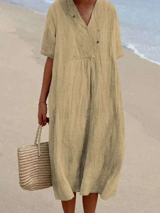 Relaxed Fit Linen Midi Dress with Short Sleeves