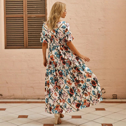 Damklänning maxi – Smockliv – Volangärm – Fyrkantig halsringning – Naturliga fibrer