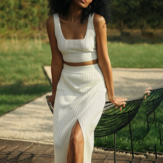 Damkjol – Slim Fit – Ribbstickad – Hög Midja – Mellanlängd med Slits