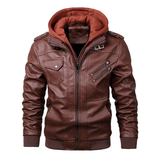 Herrjacka – Slim Fit – Läderlook – Huva med Foder – Dragkedjefickor – Ribbade Muddar