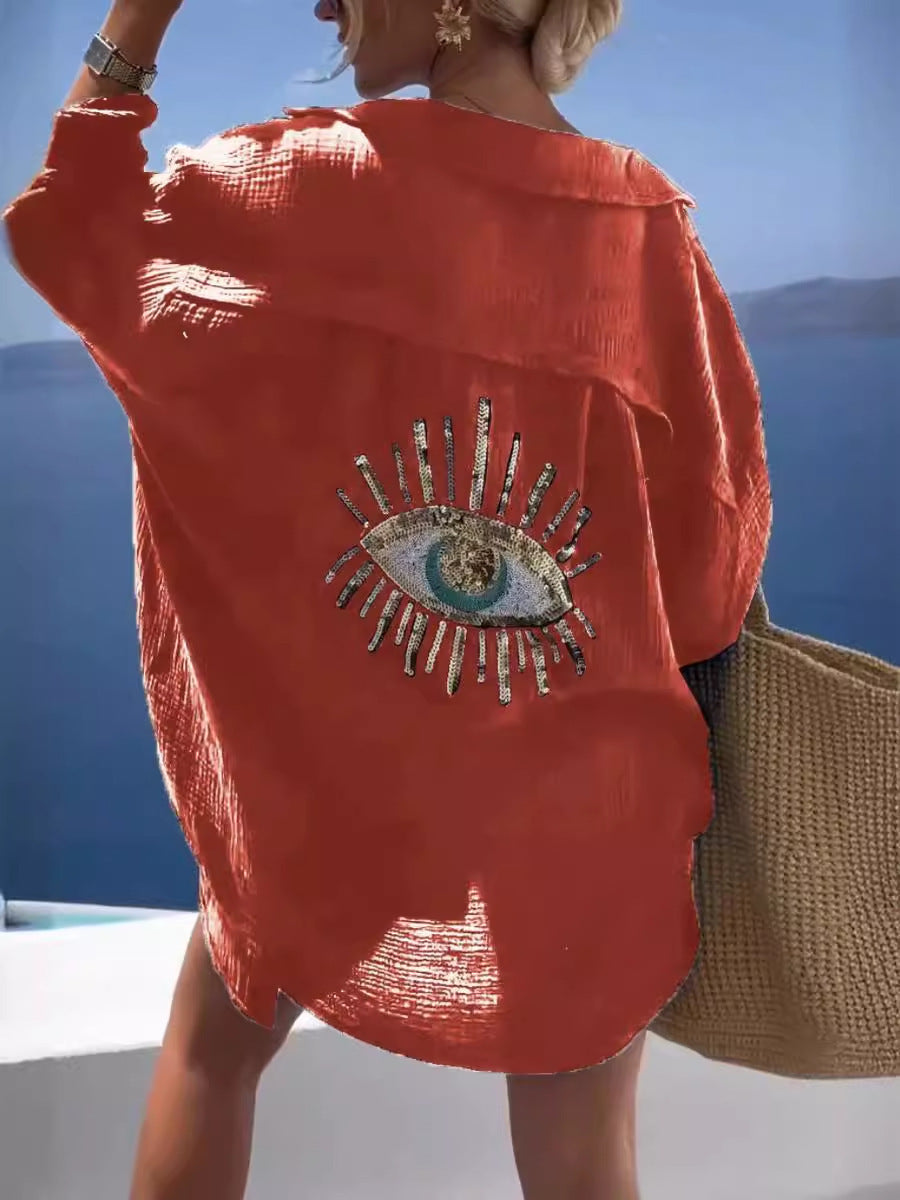 Damkofta – Lång Oversize Passform – Lätt Bomull – Öppen Front – Paljettmotiv Bak