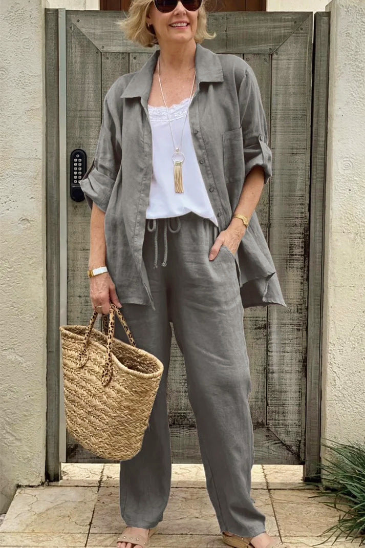 Damsett med skjorta och byxa – Linne – Avslappnad passform – Raka byxor