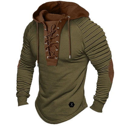 Herr Hooded Pullover – Slim Fit – Snörad V-ringning – Plisserade ärmar – Rundad fåll