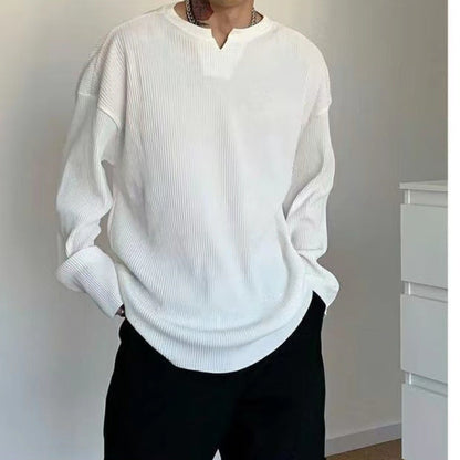 Herr långärmad T-shirt – Ribbstickad – Avslappnad passform – V-ringning – Andningsbar