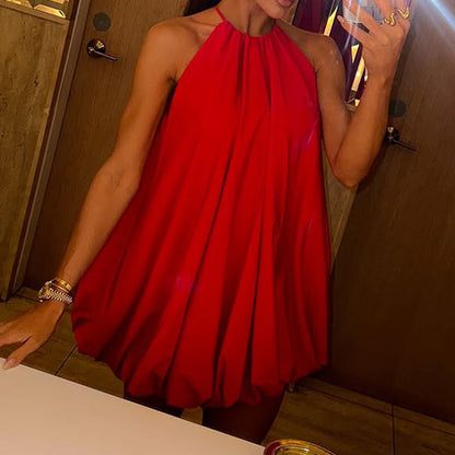 Damklänning – Halterneck Miniklänning – Lätt Chiffong – Veckad A-linje Passform