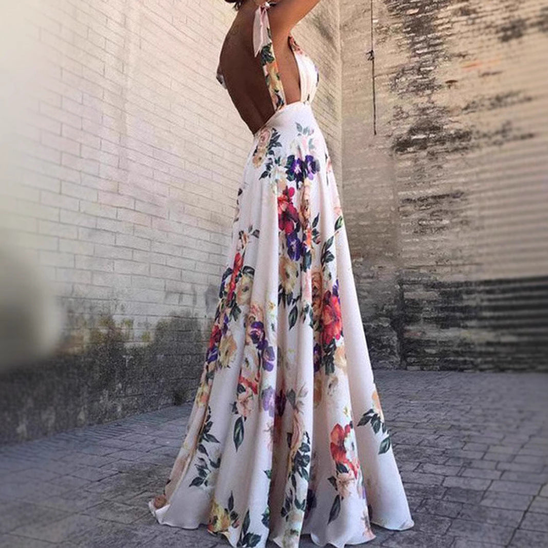Damklänning maxi – A-linjeformad passform – Ärmös rygglös – Blommigt tryck bomull