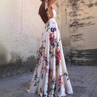 Damklänning maxi – A-linjeformad passform – Ärmös rygglös – Blommigt tryck bomull