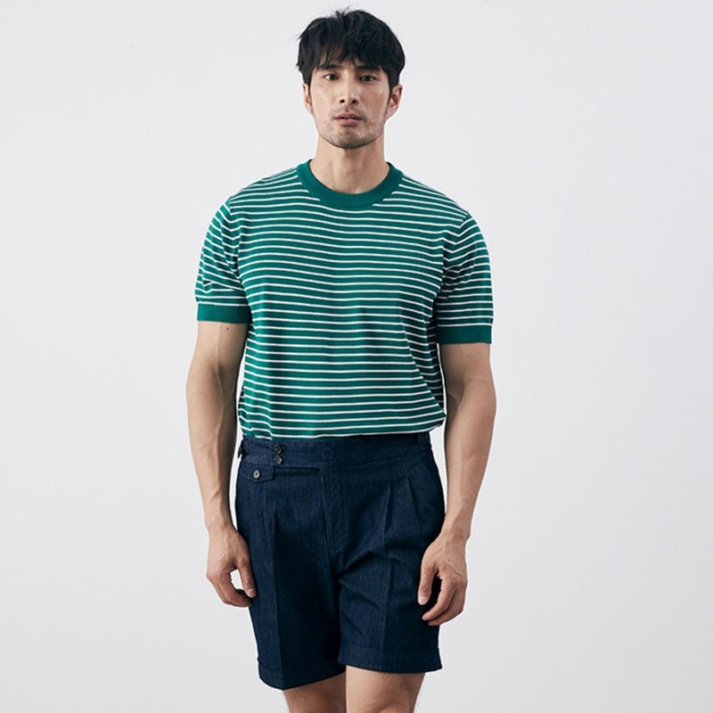 Herr T-shirt – Slim Fit – Stickad Bomullsblandning – Horisontella Ränder