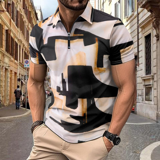 Herrskjorta med kort ärm – Slim Fit – Bomullsblandning – Dragkedjekrage – Grafiskt tryck