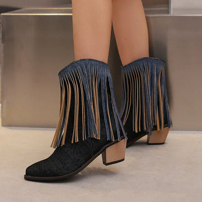 Dam Ankelboots – Spetsig Tå – Blockklack – Fransdetalj – Mixade Material – Slip-on