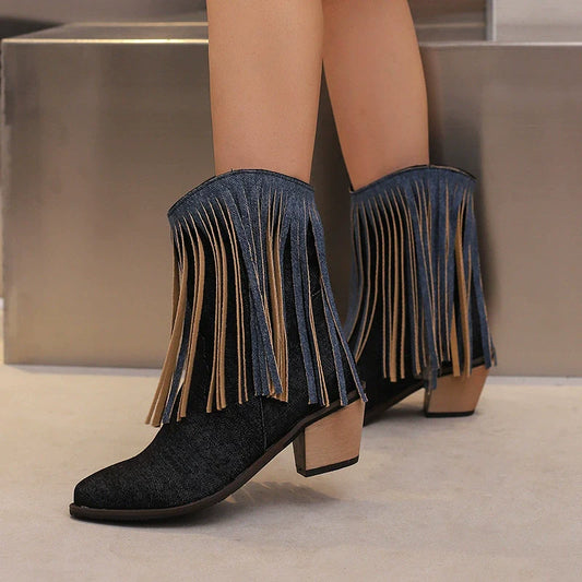 Dam Ankelboots – Spetsig Tå – Blockklack – Fransdetalj – Mixade Material – Slip-on