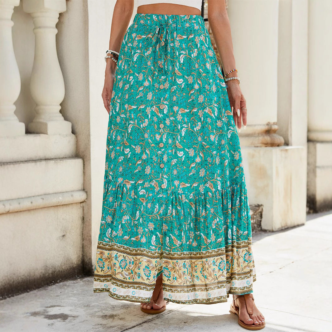 Dam Maxi Kjol – Flowy Passform – Bohemisk Tierad Design – Blommigt Mönster – Naturfibrer