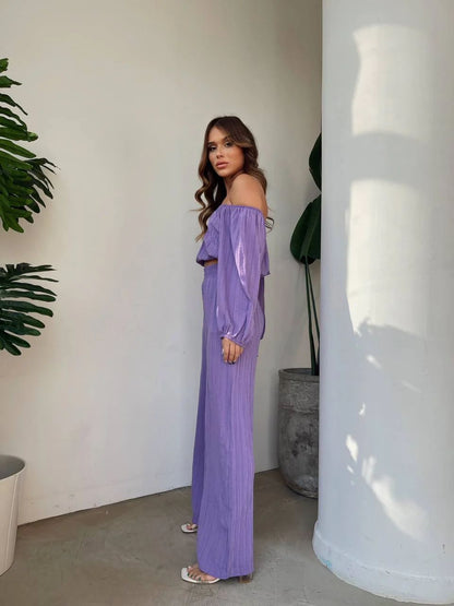 Damset – Off-Shoulder Croptopp – Vida Högmidjade Byxor – Lätt och Andningsbar