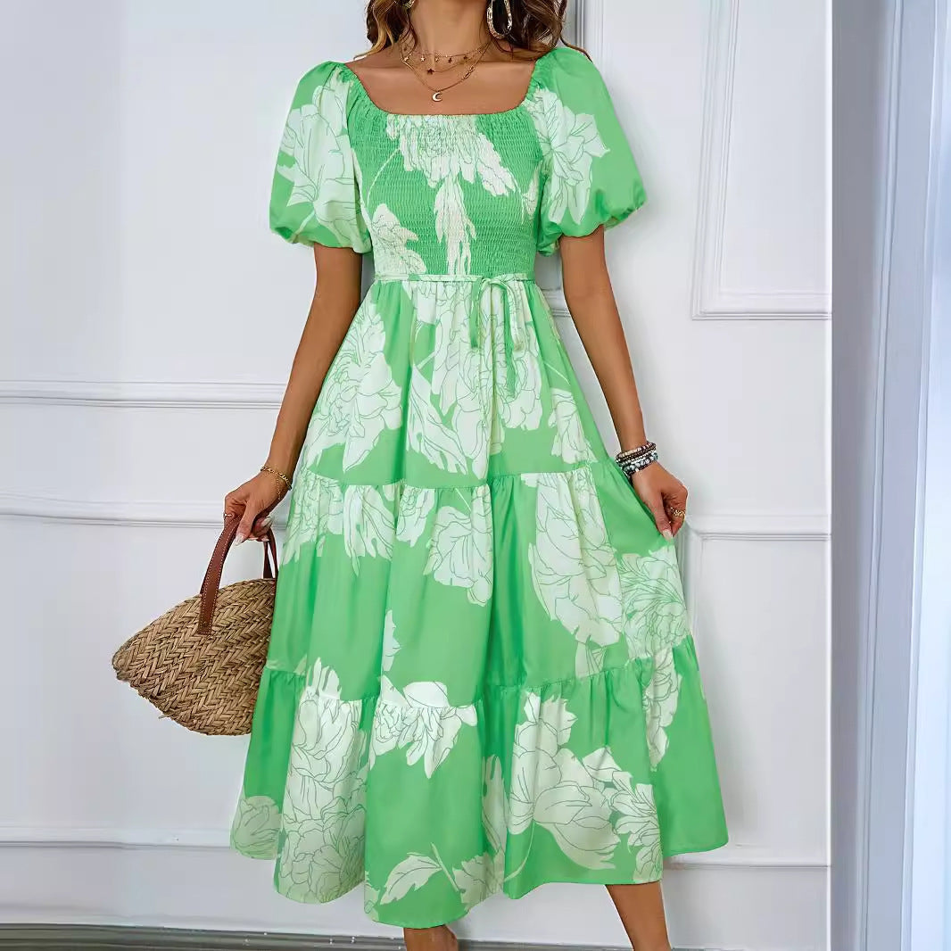 Damklänning midi – Off-shoulder – Puffärm – Smockliv – A-linjeformad kjol