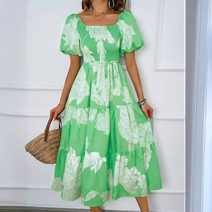 Damklänning midi – Off-shoulder – Puffärm – Smockliv – A-linjeformad kjol