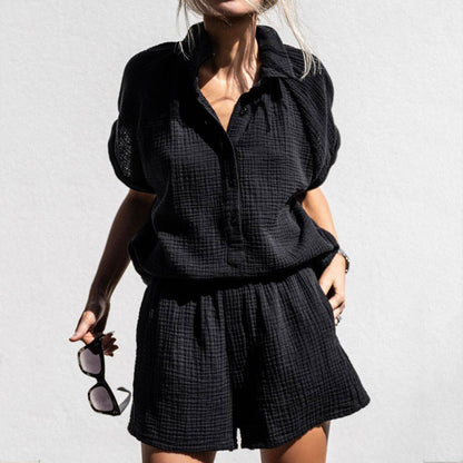 Dam Lounge Set – Bomull – Avslappnad Passform – V-ringad Top med Knappar – Shorts med Resårmidja
