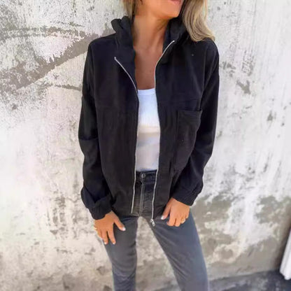 Damjacka med luva – Avslappnad passform – Mjuk manchesterribb – Dragkedja och fickor