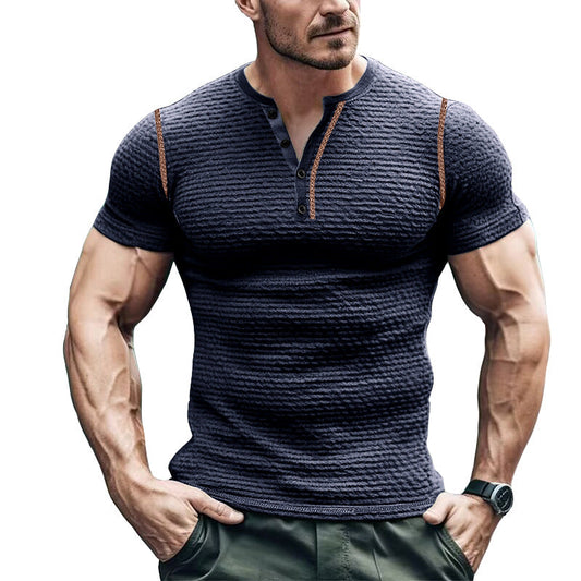 Herr T-shirt Henley – Slim Fit – Waffelstruktur – Kort Ärmslut – Ledig Stil