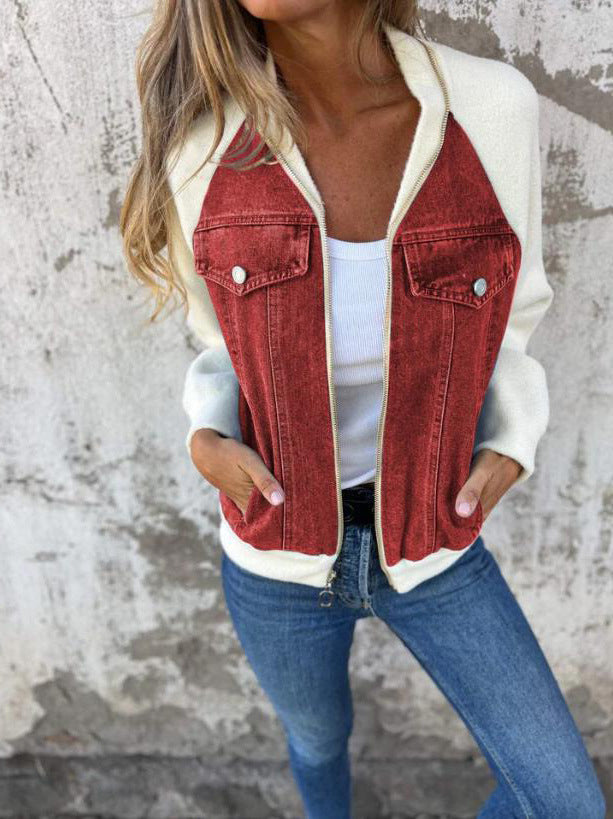 Dam Jacka Bomber – Ullmix – Denim Detaljer – Avslappnad Passform – Dragkedja – Höftlängd