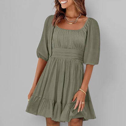 Damklänning – Passform Fit and Flare – Fyrkantig Hals – Puffärm – Volangfåll – Bomull