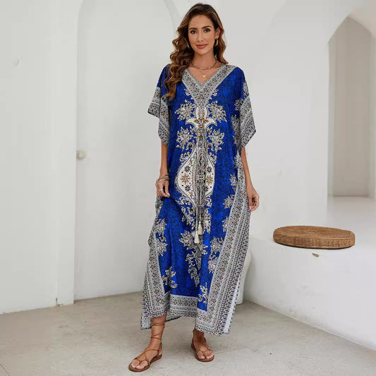 Damklänning maxi – V-ringning – Kort vida ärmar – Lätt lyxigt tyg – Mönstrad design