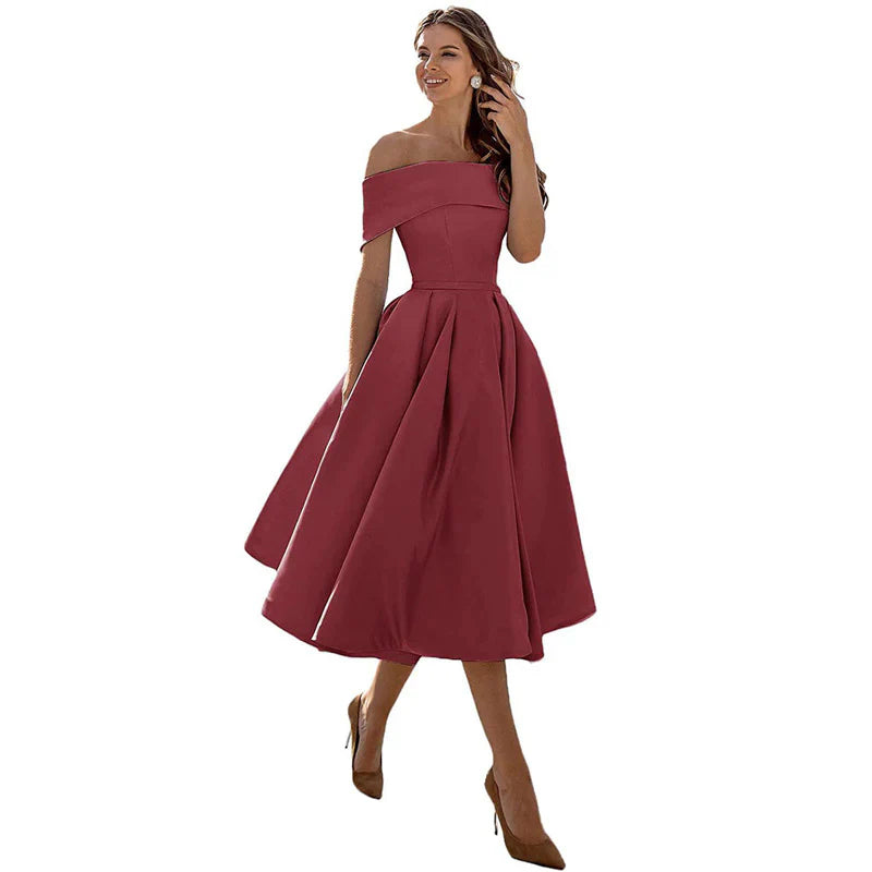 Damklänning – Off-Shoulder – Figurnära Liv – Utställd Kjol – Tealängd Elegant Stil
