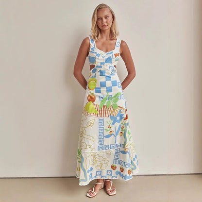 Damklänning maxi – A-linjeformad passform – Spagettiband – V-ringning – Skuren midja – Tryckt mönster