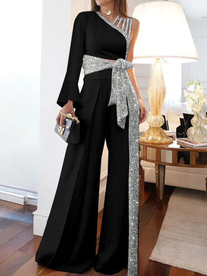 Byxset för kvinnor - Off Shoulder-topp - Vid benpassform - Skimrande lyxigt tyg - Knytband i midjan