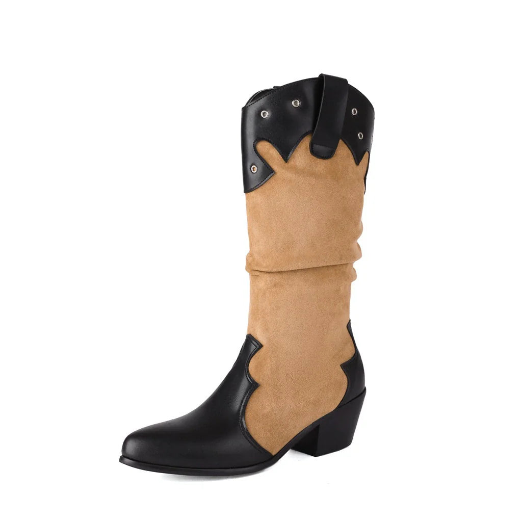 Damstövlar i Mocka och Läder – Slouchy Passform – Blockklack – Västern Detaljer