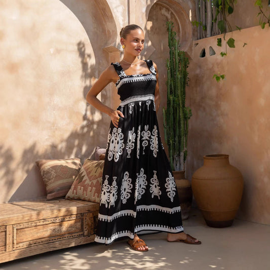 Damklänning – Bomull – A-linjeform – Rynkad Livdel – Ankelängd – Breda Axelband