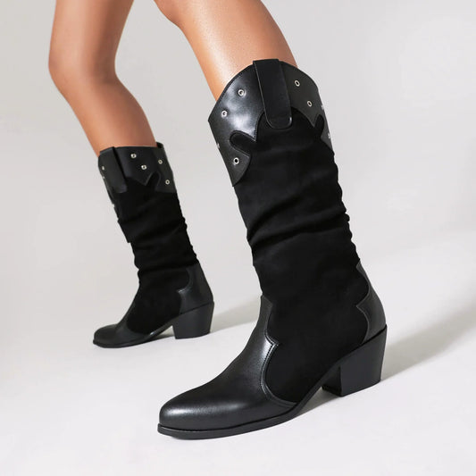 Damstövlar i Mocka och Läder – Slouchy Passform – Blockklack – Västern Detaljer