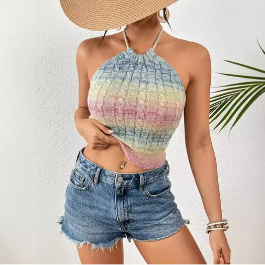 Dam Halterneck Crop Top – Slim Fit Stickad – Kabelstickat Mönster – Ribbad Kant