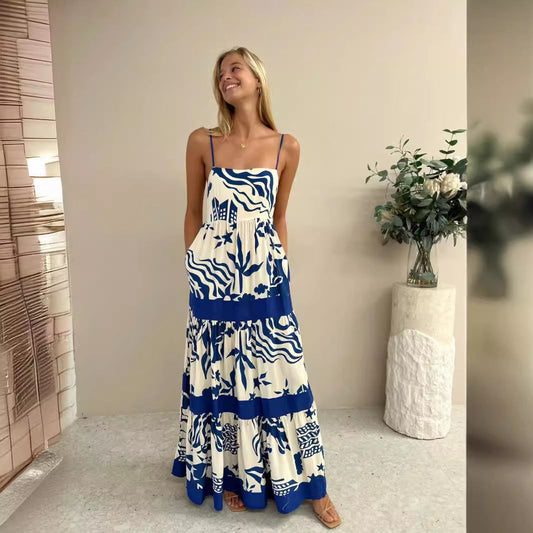 Damklänning maxi – A-linje passform – Spagettiband – Lätt tyg – Volangkjol