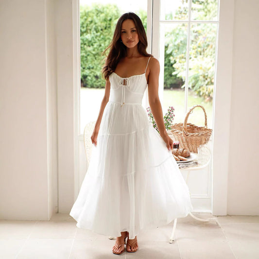 Damklänning – Lång Maxiklänning – Spagettiband – Rygglös – Volang – Chiffontyg