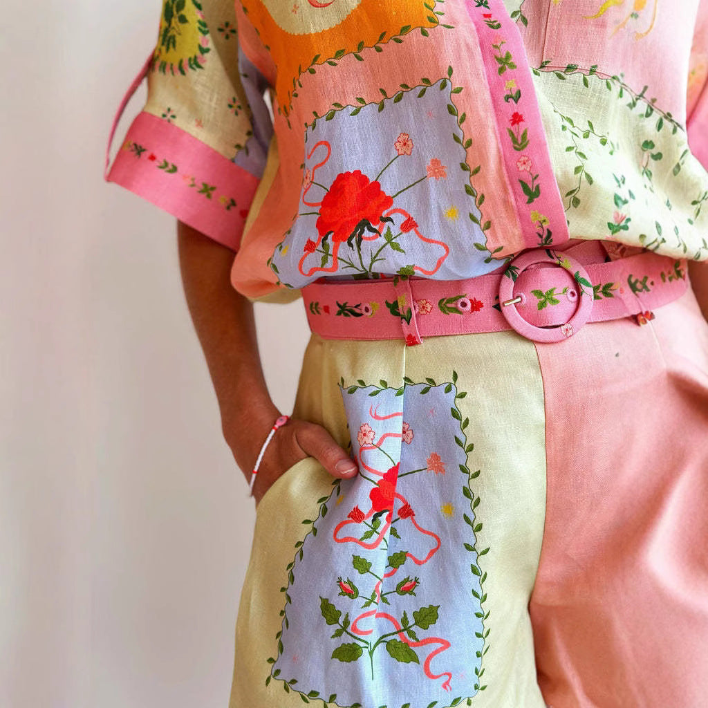 Damset med skjorta och shorts – Linne – Avslappnad passform – Broderad – Hög midja med skärp