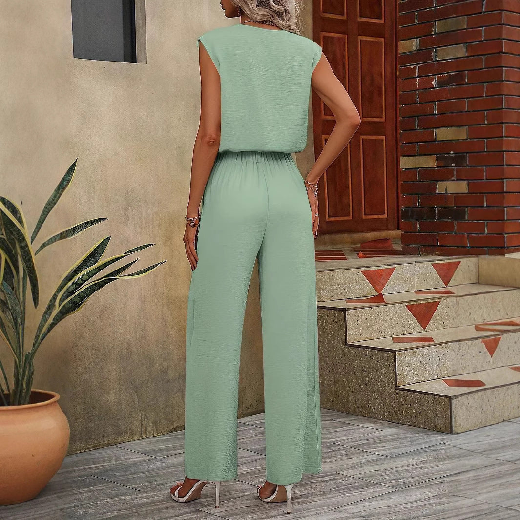 Damset med ärmlös topp och vida byxor – V-ringning – Justerbar midja – Luftig passform