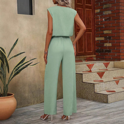 Damset med ärmlös topp och vida byxor – V-ringning – Justerbar midja – Luftig passform