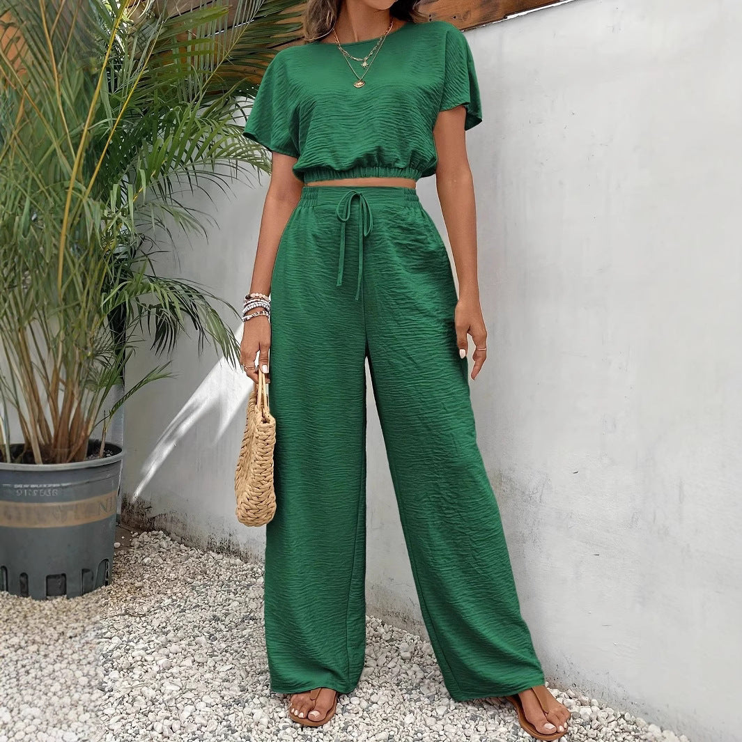 Damset – Croppad Batwing-Top – Vida Byxor med Dragsko – Texturerat Tyg