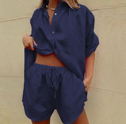 Damset tvådelat – Luftig linnemix – Lös passform – Skjorta med knappar och shorts