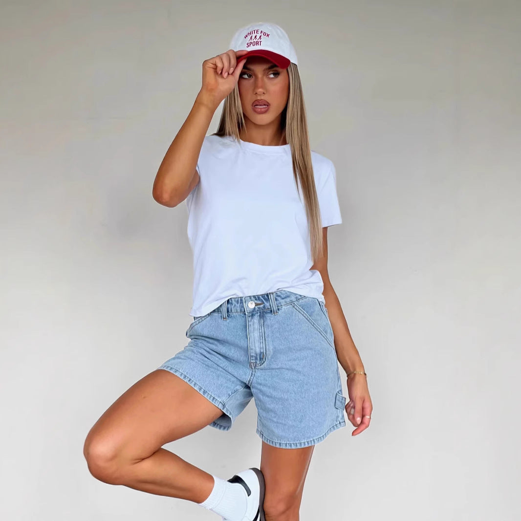 Damshorts – Denim – Avslappnad Passform – Mellanhög Midja – 5-Ficksdesign